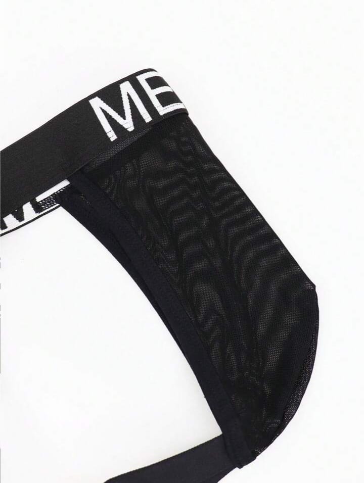 Men's slim fit sexy black hollow-out mesh briefs